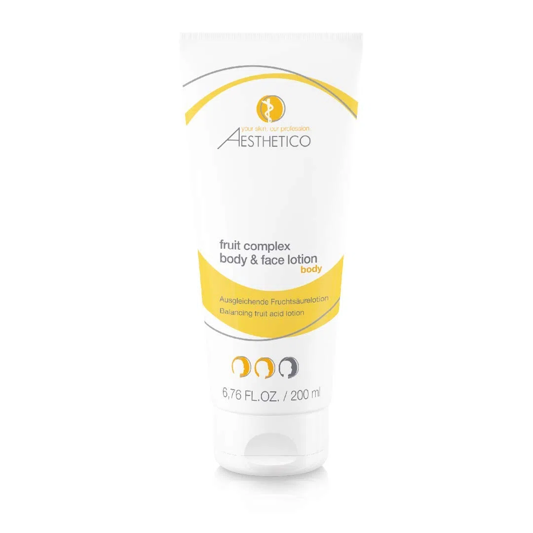 AESTHETICO fruit complex body & face lotion, 2 x 200 ml | Fruchtsäurelotion für Gesicht und Körper, glättet unreine und reife Haut, mit Weihrauch, Hyaluronsäure und Urea