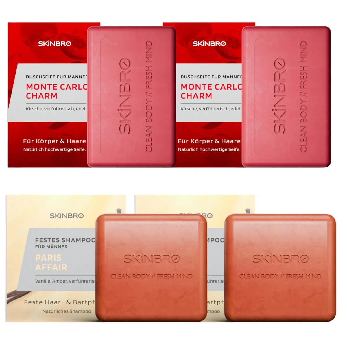 SKINBRO Set: 2x Festes Duschgel Monte Carlo Charm & 2x Festes Shampoo Vanille – Vegane 4-in-1 Pflege für Haar, Bart & Körper – Nachhaltig & Ergiebig