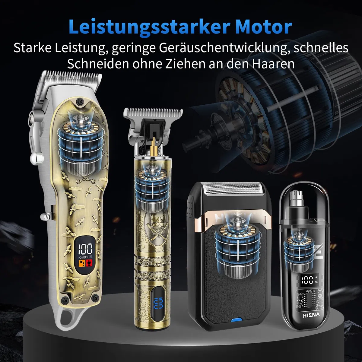 HIENA PRO Profi Haarschneidemaschine für Herren, Schnurloser Haarschneider Bartschneider Folienrasierer Nasentrimmer Set, USB Wiederaufladbares Komplettset Elektrisches Haarschneide-Kit (814 Set)
