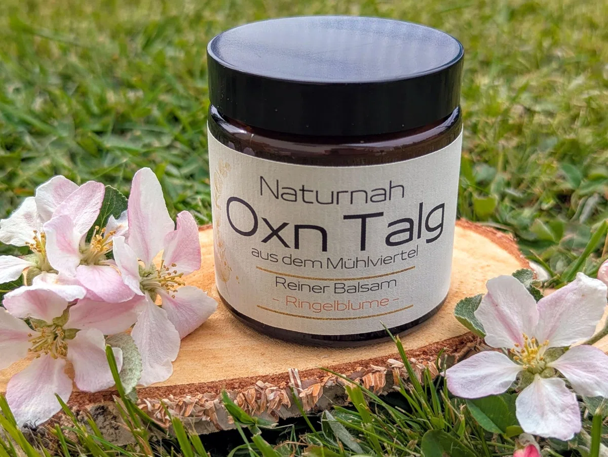 Handgemachte Bio Rindertalg Creme von grasgefütterten Bio Rindern aus Österreich (Region Mühlviertel), natürliche Hautpflege, hilft bei empfindlicher, trockener und rissiger Haut (120 ml), Ringelblume