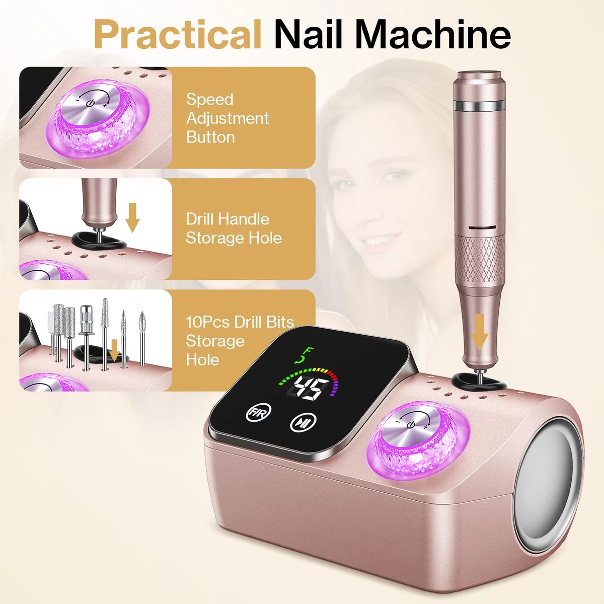 Cadrim Nagelfräser, 45000 U/min Nagelfräser für Gelnägel, Elektrische Nagelfeile Maniküre Pediküre Set mit LED-Display, Professionelle nagelfeile für Gelnägel und Acrylnägel (Roségold)