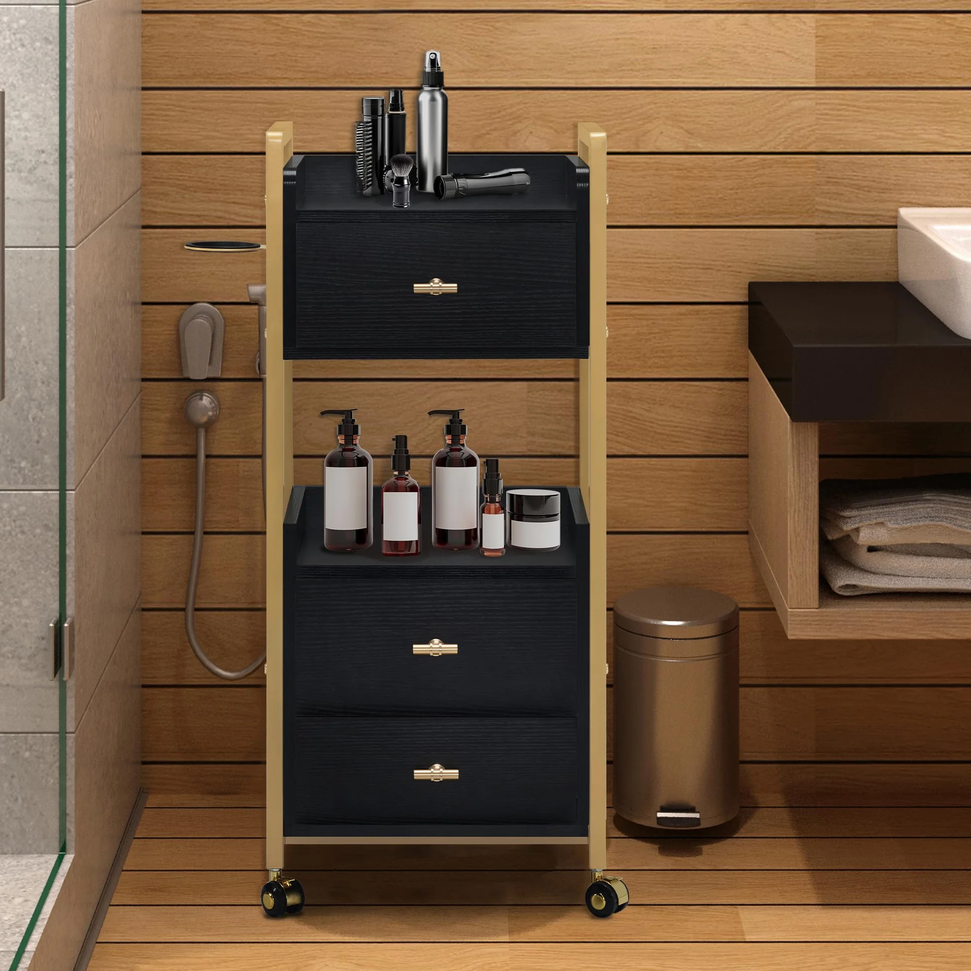 M MCombo Friseurwagen mit Rollen & 3 Schubladen, Rollwagen Servierwagen, Salon Trolley, 30x40x95cm, Schwarz-Gold