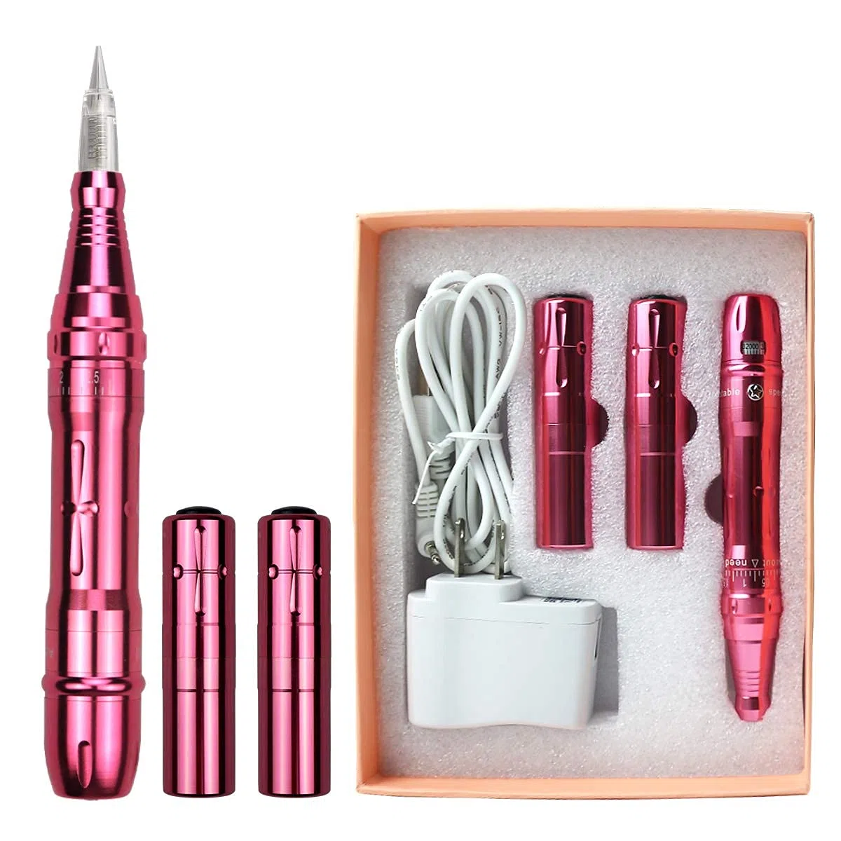 Multifunktions Drahtloser Permanent Makeup Maschine 2 Stück Batterien Tattoo Machine für Ombre Powder 20 Stück Tattoo Nadeln 1RL (Rose)