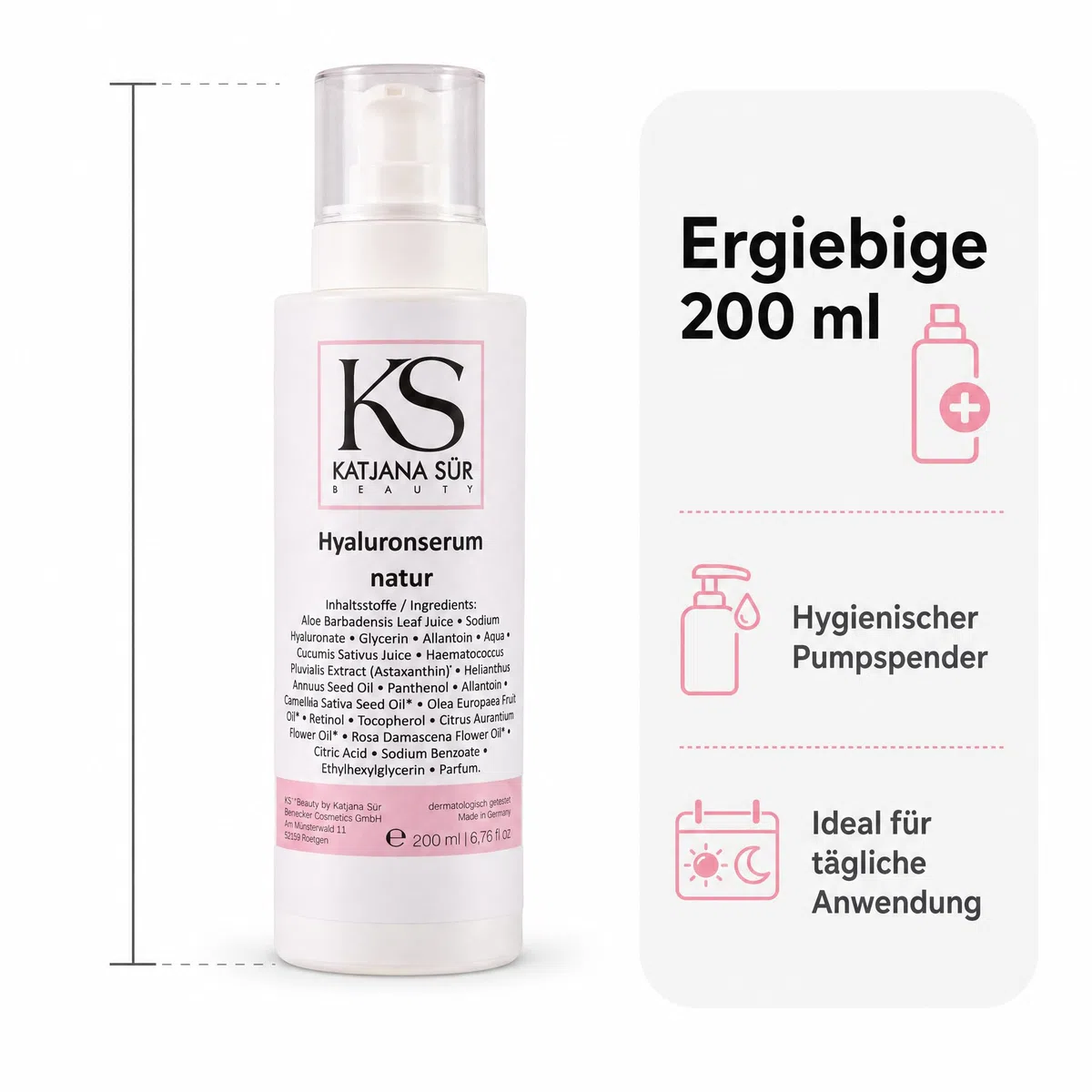 KS Beauty Hyaluron Serum Gesicht mit Retinol & Aloe Vera, 200 ml | Feuchtigkeitsserum mit Hyaluronsäure, Astaxanthin & Vitamin E – dermatologisch getestet, Made in Germany