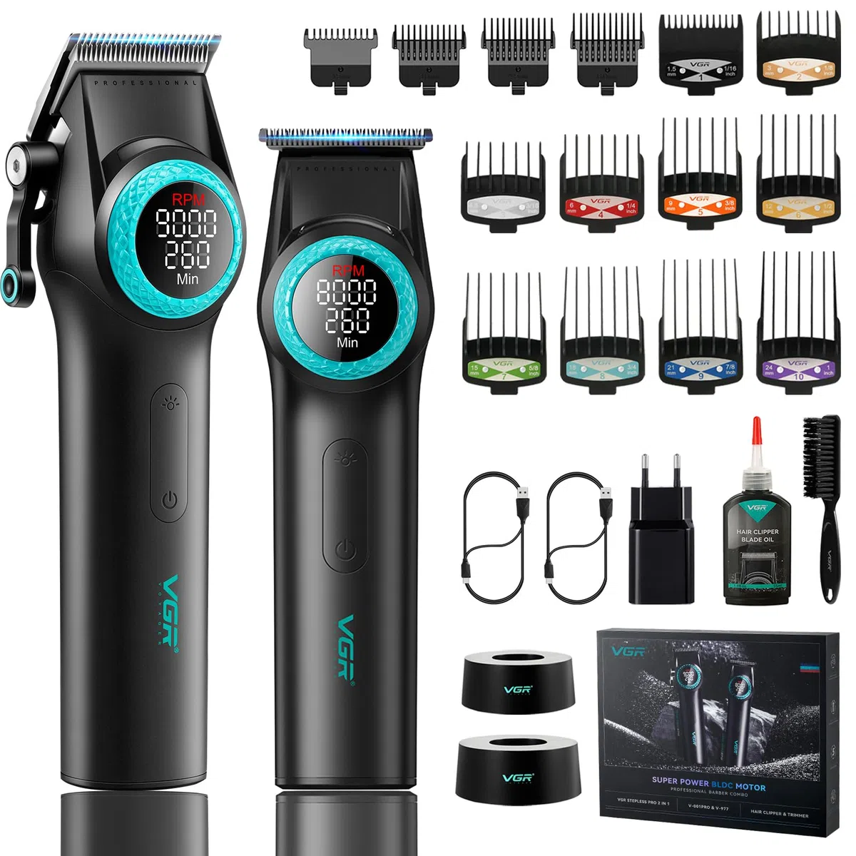 VGR 001 & 977 Profi Haarschneider für Herren Mit DLC-Beschichteten Klingen | Schnurlose Friseurschermaschine zum Haarschneiden, Karbonstahlklinge Haarschneider für Barbiere, LED-Anzeige