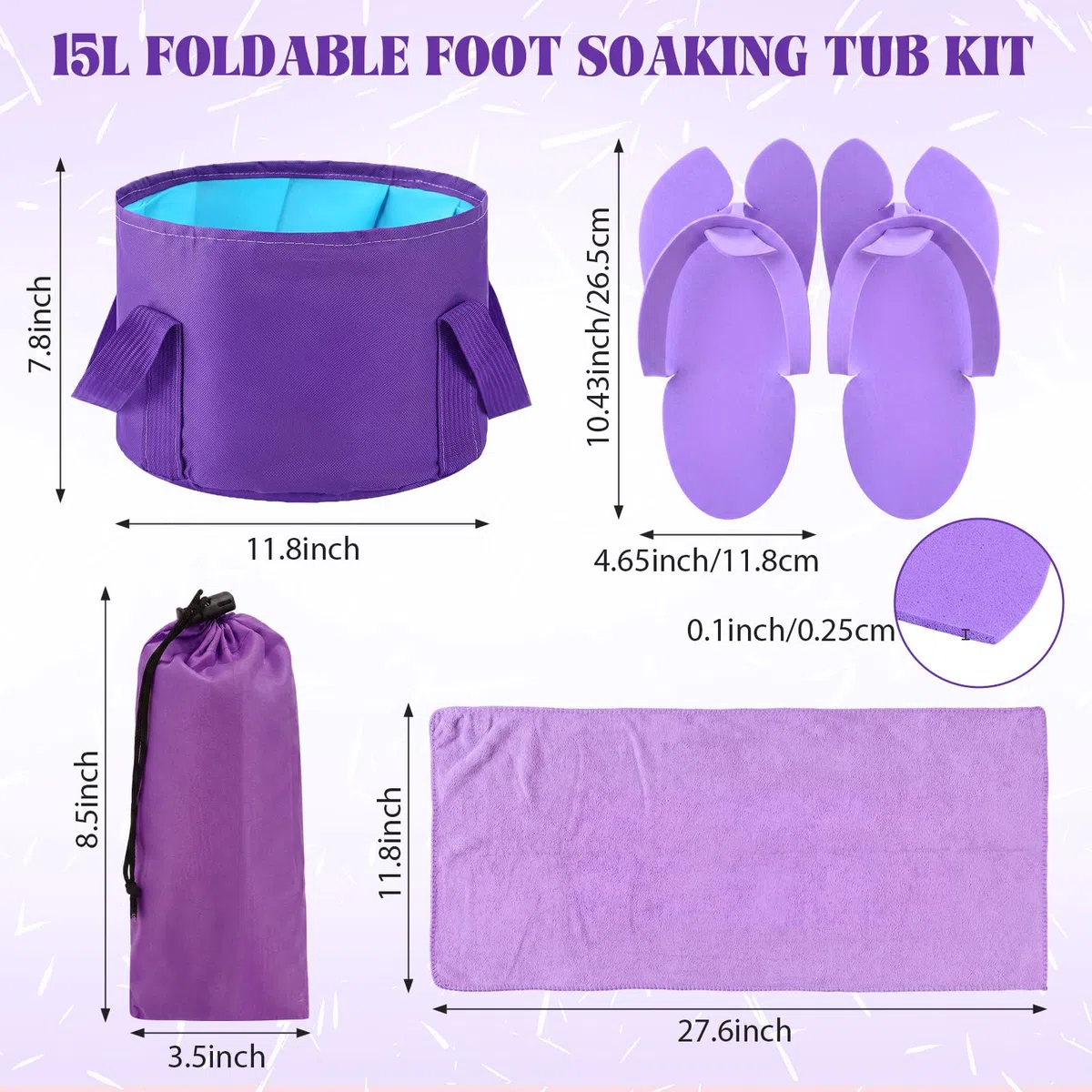 FillTouch 6 Sets faltbares Fußbad-Set, 15 l, zusammenklappbare Fußbadewanne, Badezimmer-Handtücher, Damen, Erwachsene, faltbare Hausschuhe mit Aufbewahrungstasche, Spa, Soak-Pediküre, Bad für Reisen