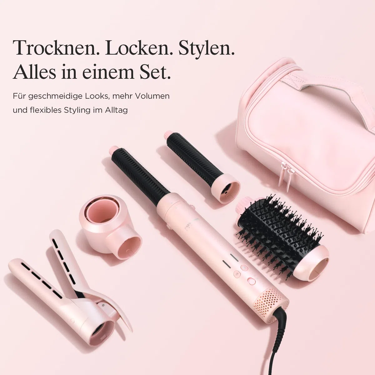 5 in 1 Airstyler, Airstraight＆ Auto-Wrap Lockenaufsätzen, PARWIN PRO BEAUTY MaxAIR 2.0 Multi Hairstyler, 110.000 RPM Föhn, Automatische Doppelspannung, zum Trocknen, Locken, Stylen, 1200W - Rosa