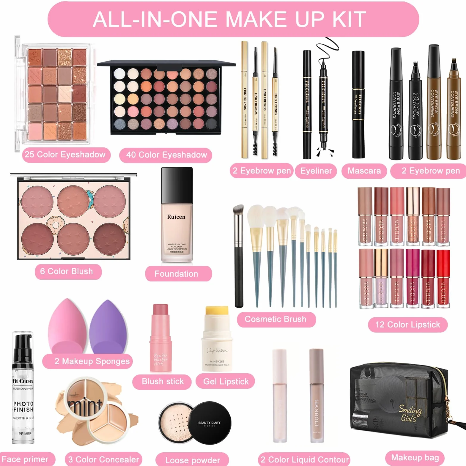 Make Up Set für den perfekten Full Face Look, 43-teiliges Make Up Set für Frauen mit 60 Color Lidschatten, Mascara, Eyeliner, Lipgloss, MakeUp Set für unterwegs