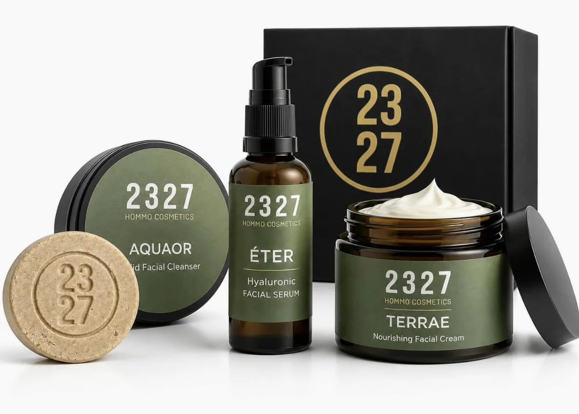 Gesichtspflege Set Männer – Reinigung, Serum & Creme – Naturkosmetik Vegan – Feuchtigkeit & Anti Aging – Hautpflege Routine Set – 2327 HOMMO COSMETICS ELEMENTVM