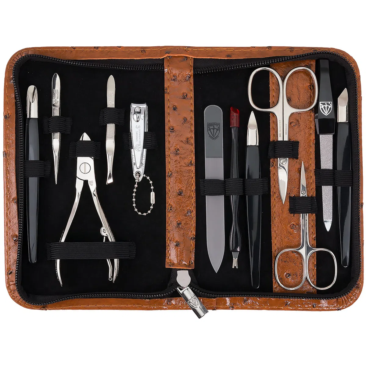 DREI SCHWERTER - 12-tlg. Nagel Set 'Palermo' | Hochwertiges Maniküre & Pediküre Nagel-Etui: Farbe: Kunst Leder Strauss-Cognac | Inhalt: 12 Instrumente inkl. Nagelschere, Nagelknipser, Glasfeile etc.