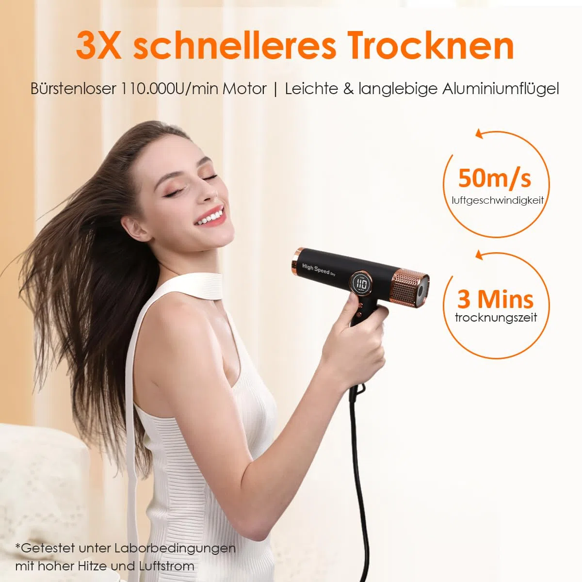Faszin Haartrockner Leichter Föhn mit 110.000 RPM bürstenlosem Motor für Schnelles Trocknen, Wenig Lärm, LED-Anzeige, 200 Millionen Ionen fön,3 Magnetdüse für Zuhause Salon (Klassisches Schwarz)