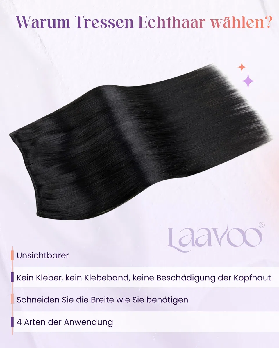 LaaVoo 60cm Echthaar Tressen zum Einnähen Schwarz #1 Remy Menschliches Haar 120g Glatt Extensions