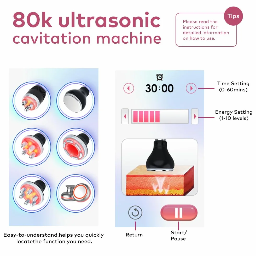 Elitzia 6-in-1 Körperformende Kavitation 80k Maschine Fettverbrennung Vakuum RF EMS Hautstraffung Radiofrequenz Ultraschall Salon Spa Heimgebrauch ETD148