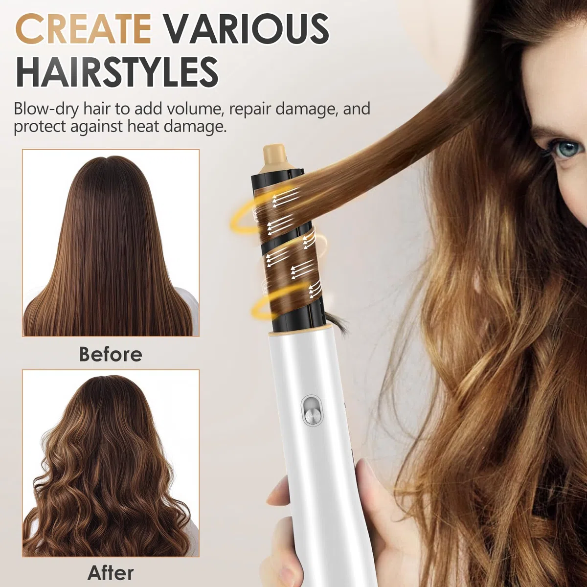 Warmluftbürste, Thermobürste, Blowout Boost Thermal Brush, Ionische Rundbürste, Lockenbürste, Airstyler, 2 Wärme, 5 Aufsätze zum Föhnen, Glätten, Volumen kreieren, 1200W