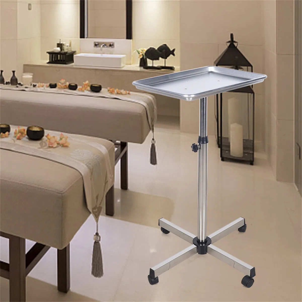 MINRS Friseurwagen Tattoo-Tablett-Salonwagen Rollendes Salon-Tablett Höhenverstellbarer Salon Trolley mit Rädern Silber