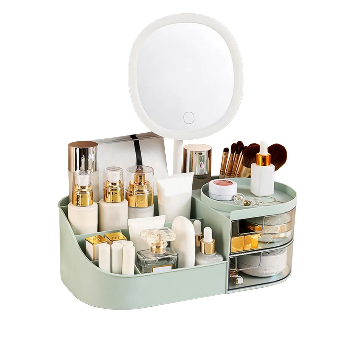 DASITON Make up Organizer mit Spiegel,Make up Pinselhalter mit 2 Schubladen,Multifunktionale Makeup Organizers Kosmetikaufbewahrung,Große Kosmetik Schminke Organizer für Schlafzimmer,Badezimmer(Grün)