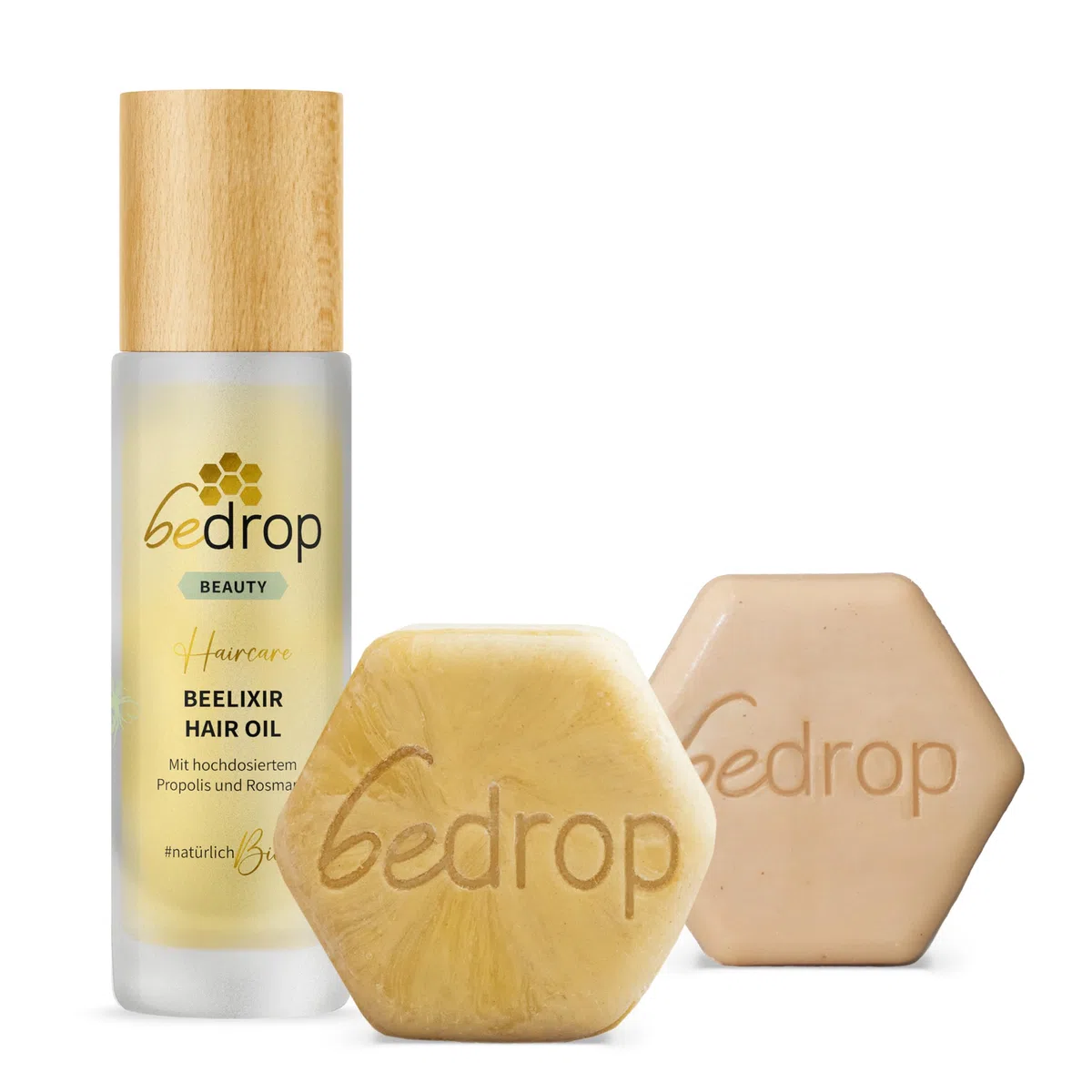 bedrop Hair Care Set | BEELIXIR Haaröl Hair Oil, Gelée Royale festes Shampoo, BEELIXIR fester Conditioner bei beanspruchtes Haar & Haarwachstum mit Rosmarinöl, Propolis & Manuka Honig
