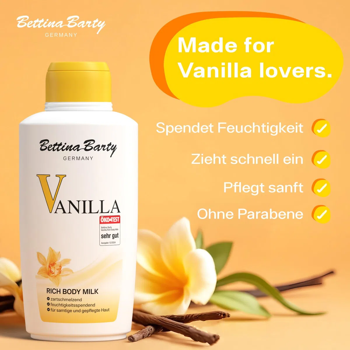 Bettina Barty Vanilla Rich Body Milk 12 x 500 ml – Körpermilch mit Vanilleduft – Feuchtigkeitsspendende Pflege für trockene Haut – Mit schnell einziehender Formel