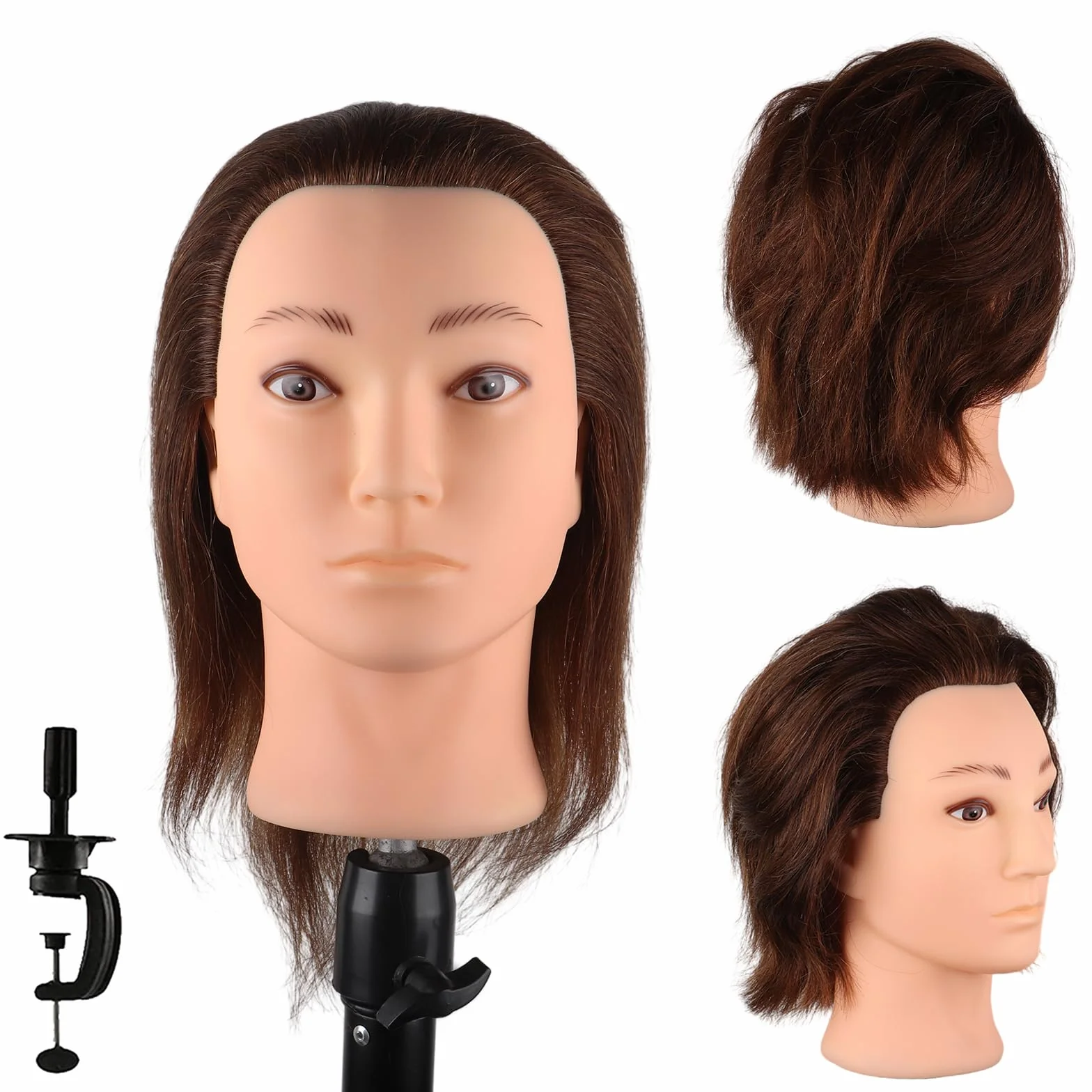 Mann Frisierkopf 100% Echthaar, Frisurenkopf Männlicher Haarschnitt Übungskopf mit Braun Haar, Friseur Kopf Mannequin Head Puppenkopf mit Tischklemme (35 cm)