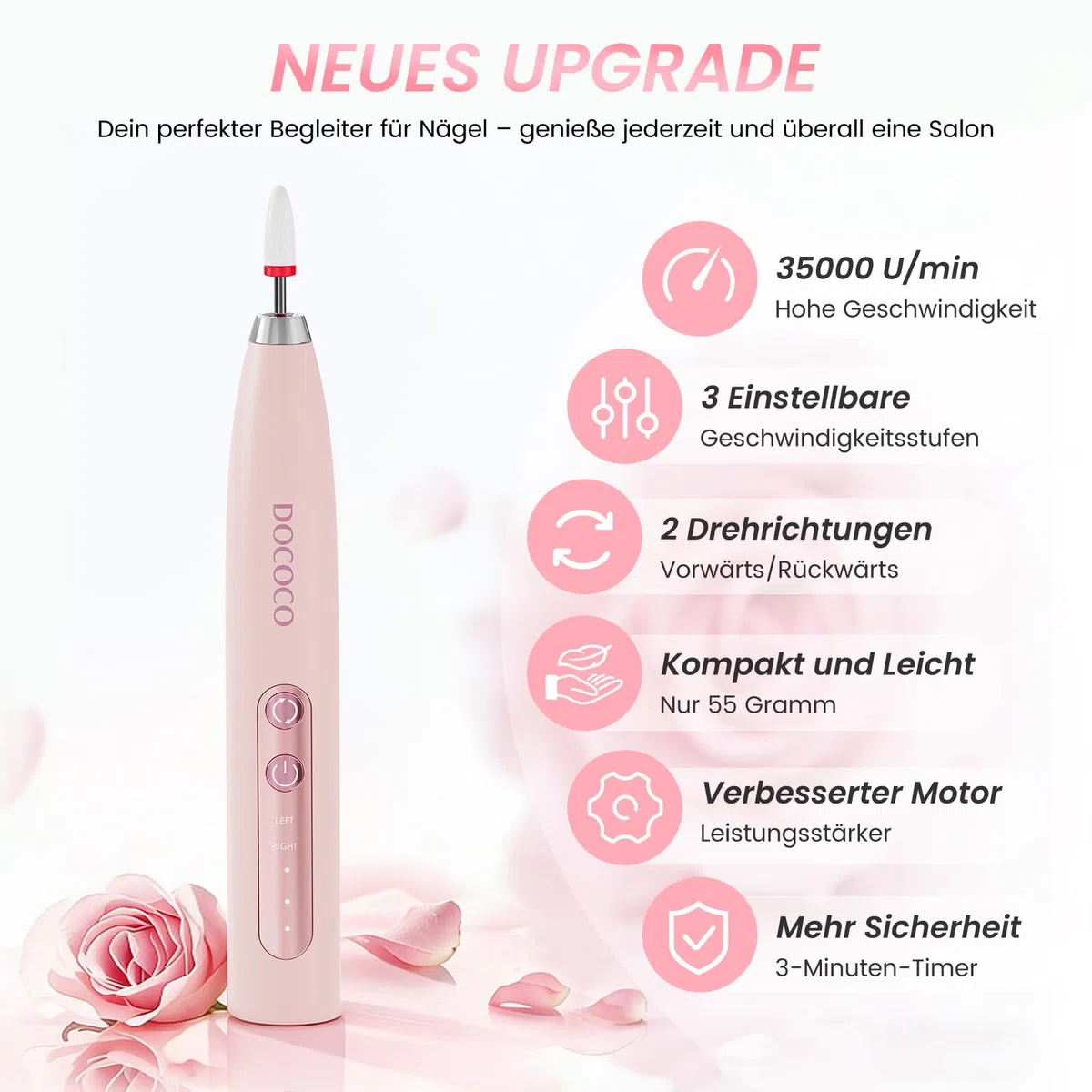15 in 1 Elektrische Nagelfeile Kabellos 35.000 U/Min, Nagelfräser für Gelnägel Regelbare Geschwindigkeit und Richtung für Anfänger - Rosa
