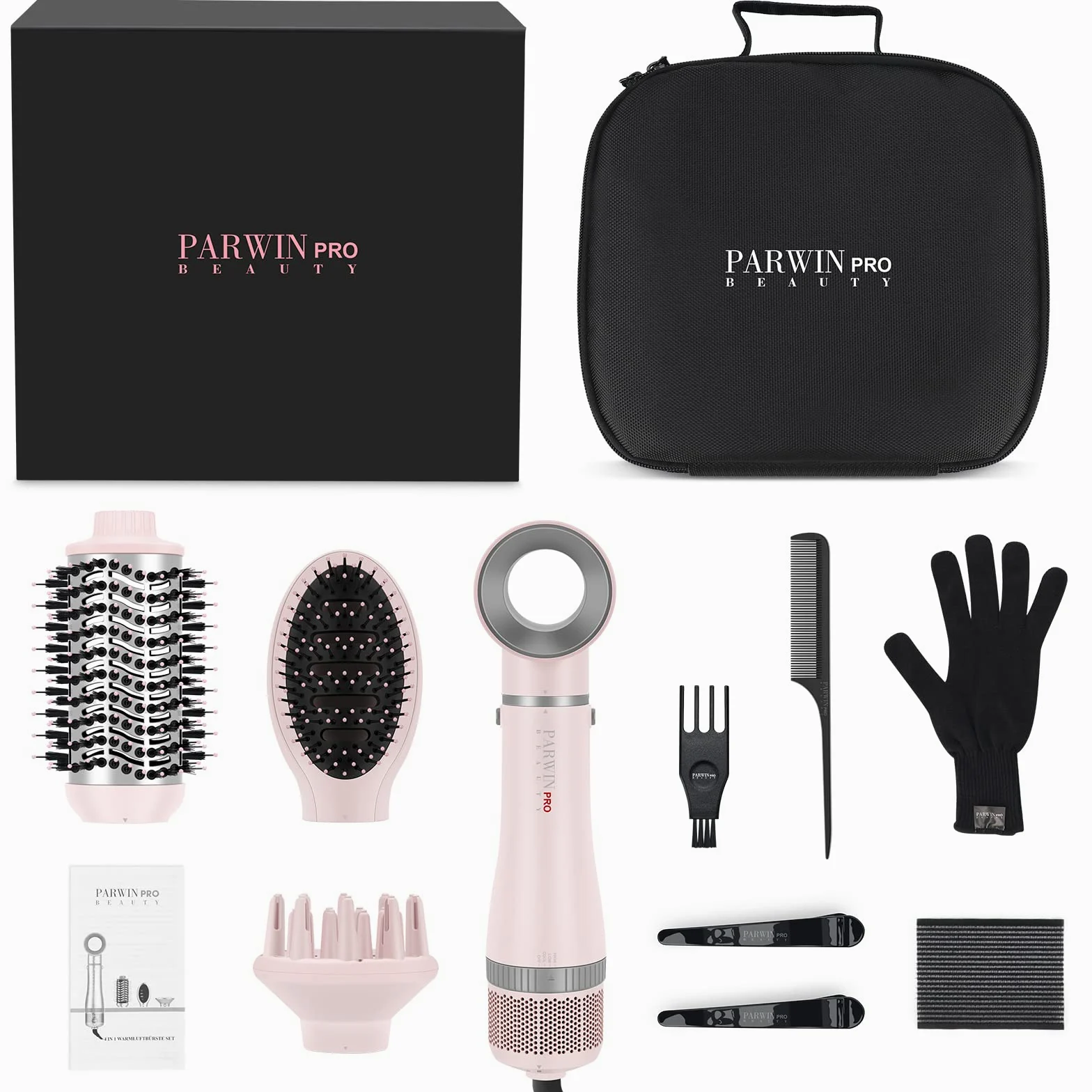 4 IN 1 Haartrockner Warmluftbürste Set, PARWIN PRO BEAUTY Styler-Set, Föhnbürste Lockenbürste mit 4 Aufsätze zum Trocknen, Glätten, Volumen und Stylen, Ionen Pflege, Geschenke machen(Rosa)