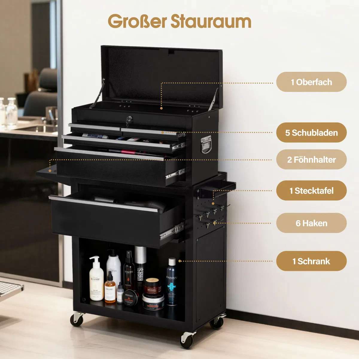 BarberPub 2 in 1 Friseurwagen mit 5 Schubladen & Schrank, abschließbar, Metall, Schwarz-Silber