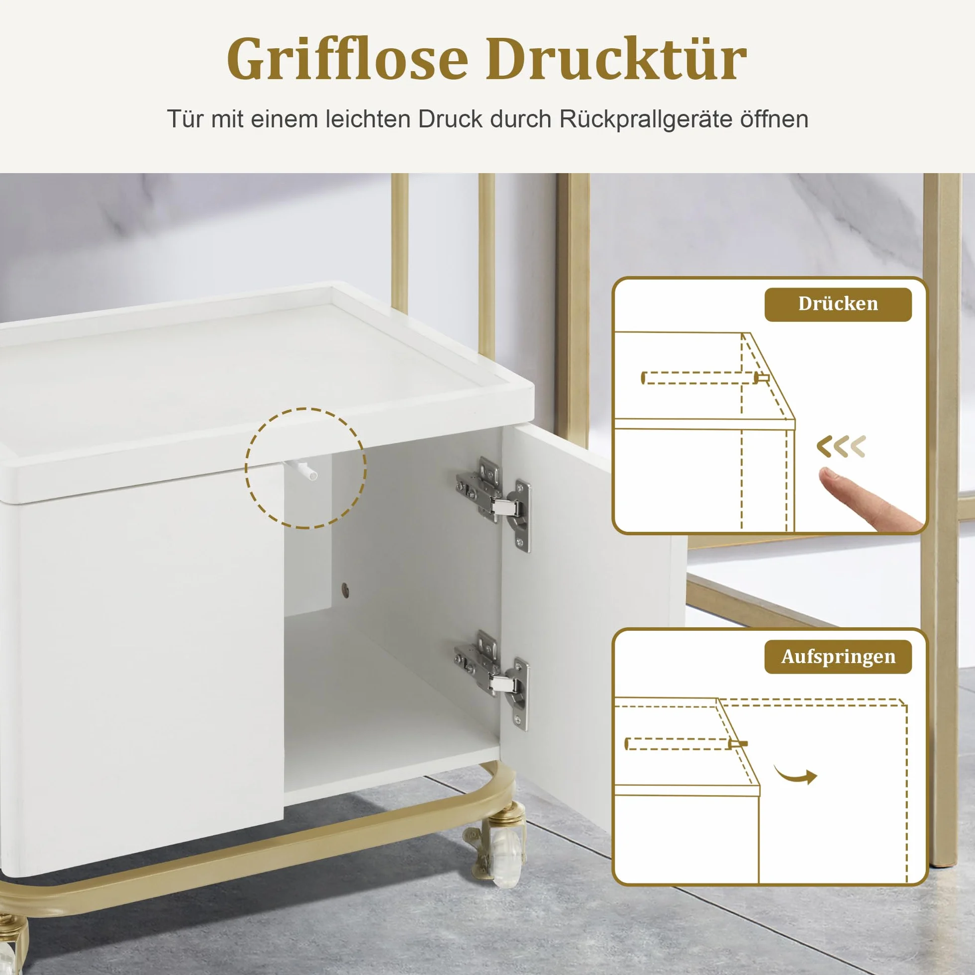 M MCombo Servierwagen mit Rollen & Schublade, Rollwagen Friseurwagen Weiß-Gold, Salon Trolley 36x50x87cm