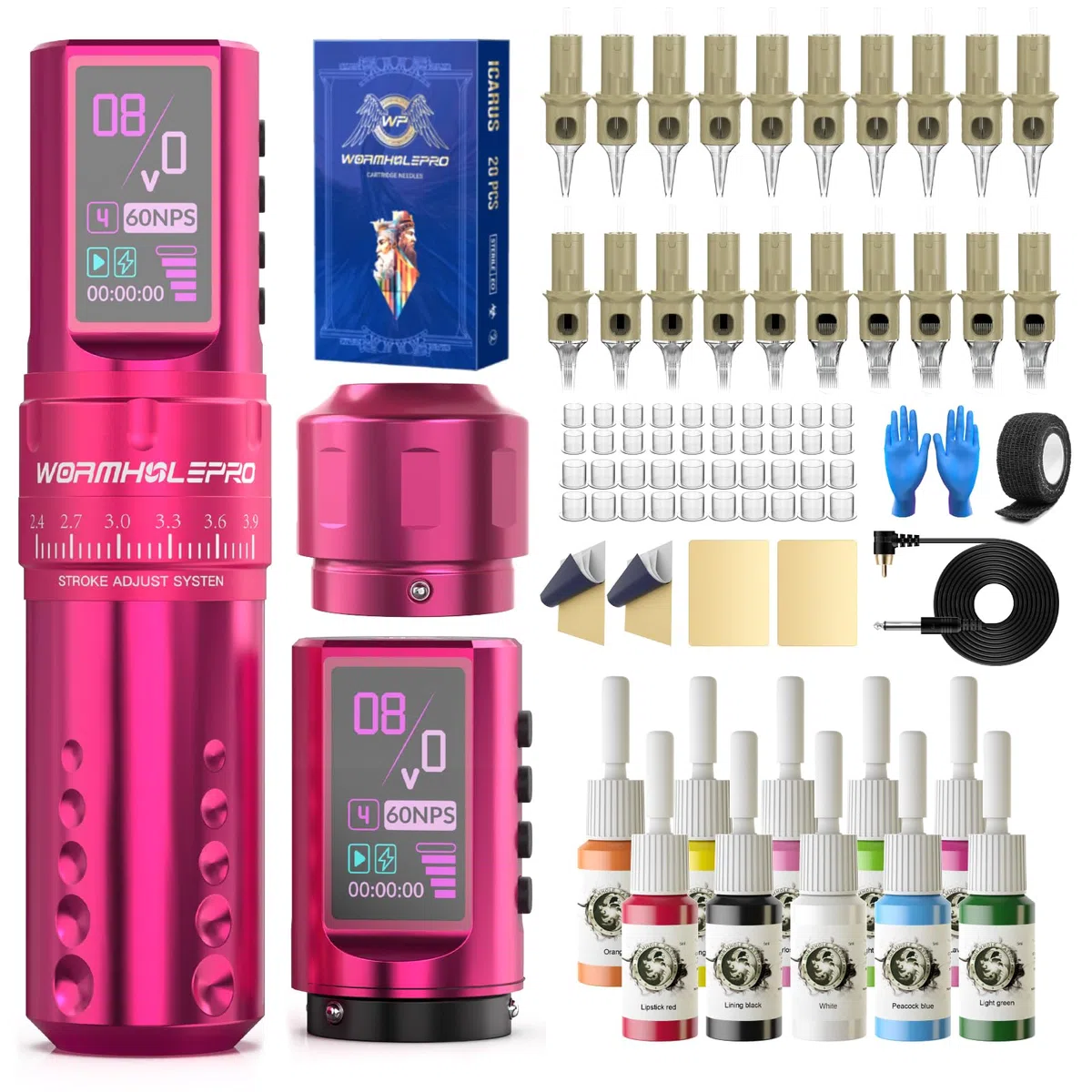 WORMHOLE PRO 80PCS Tattoo Gun Kit mit 7 einstellbaren Strichen, 1800mAh Kapazität Ersatz Netzteil, Digital LED Display, 20Pcs Tattoo Nadeln für Tattoo-Künstler - Rosa