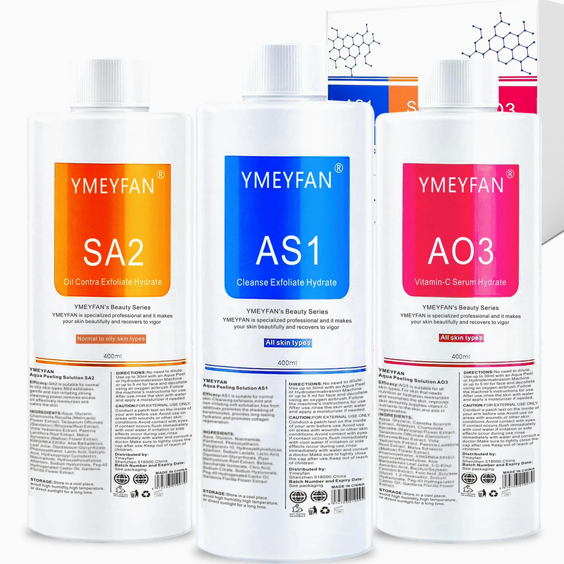 YMEYFAN Aquafacial Lösungen(English Ver.), AS1 SA2 AO3 Aqua Peeling Solution für Professionelle aqua facial gerät, Hydra Gesichtsbehandlung lösung, reinigendes, Peeling (400 ml/3 Flaschen)