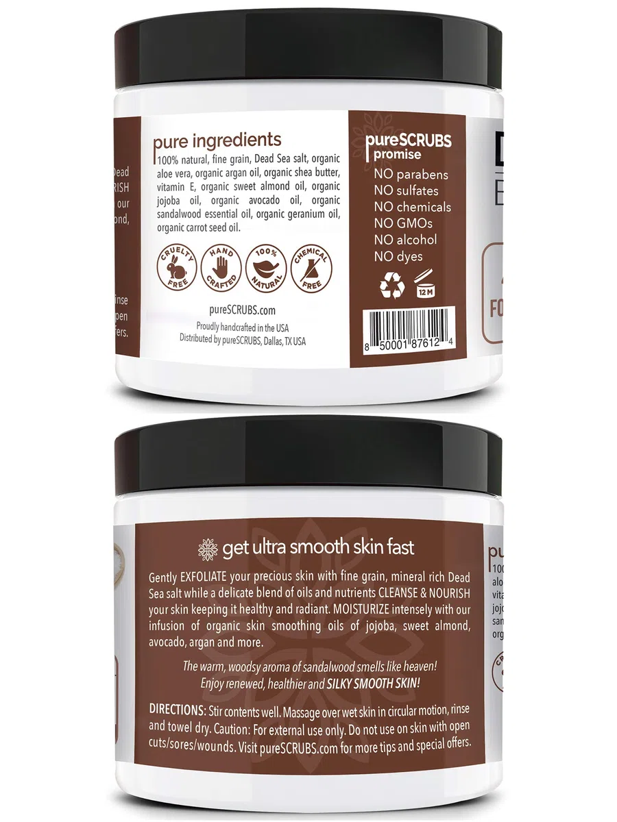 pureSCRUBS Premium Organic Body Scrub Set, groß, 400 ml, Sandalwood Body Scrub – Dead Sea Salt Infused Organic Essential Oils & Nährstoffe, inkl. Holzlöffel, Loofah und Mini Organic Exfoliating Bar
