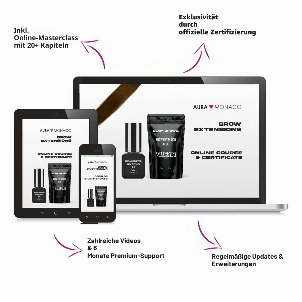 AURA Monaco | Brow Extensions Set Premium– 100% Echthaar in 3 Farben, Brow Extension Kit für 40+ Behandlungen – Professionelle Augenbrauenverlängerung für Studios