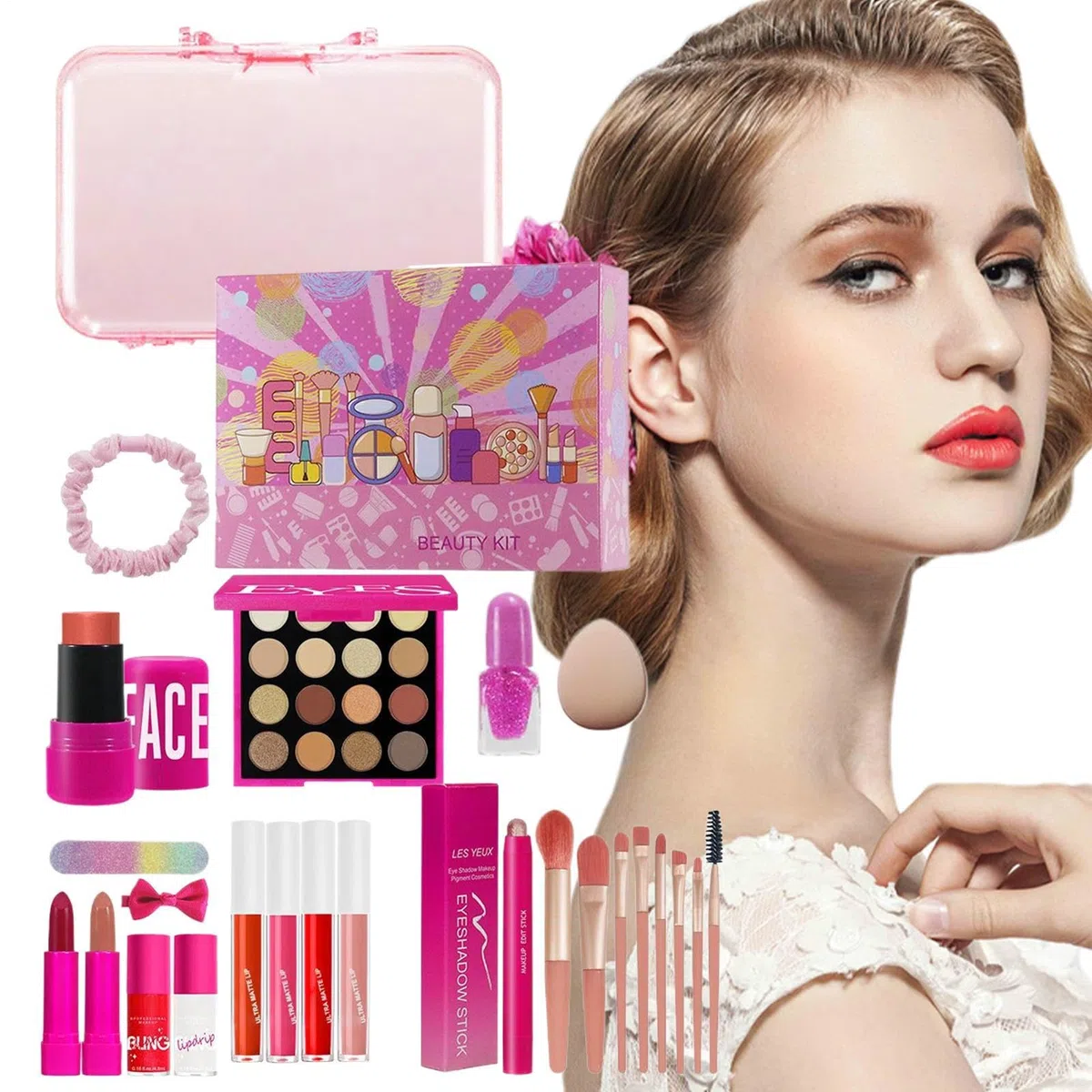 Make-up für Mädchen, 26 Stück, Lidschattenpalette, Rouge, Lippenstift-Kollektion, wasserdichtes Kosmetik-Set für Hochzeiten, Theater und Fotoshootings