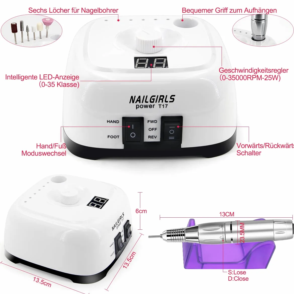 NAILGIRLS Elektrische Nagelfräser, 11 in 1 Nagelfräser für Gelnägel, 35000 U/min, Leise, mit LCD-Display und Fußpedal, Maniküre Set Elektrisch, Maniküre Pediküre Set für Anfänger & Profis(Weiß)