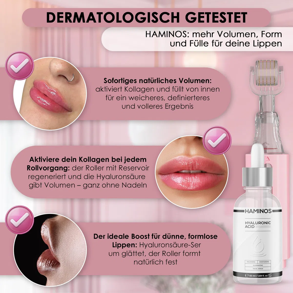 HAMINOS Derma Roller 0,25 mm mit Hyaluronsäure Serum, Microneedle Roller mit Reservoir, Lippenpflege Applikator