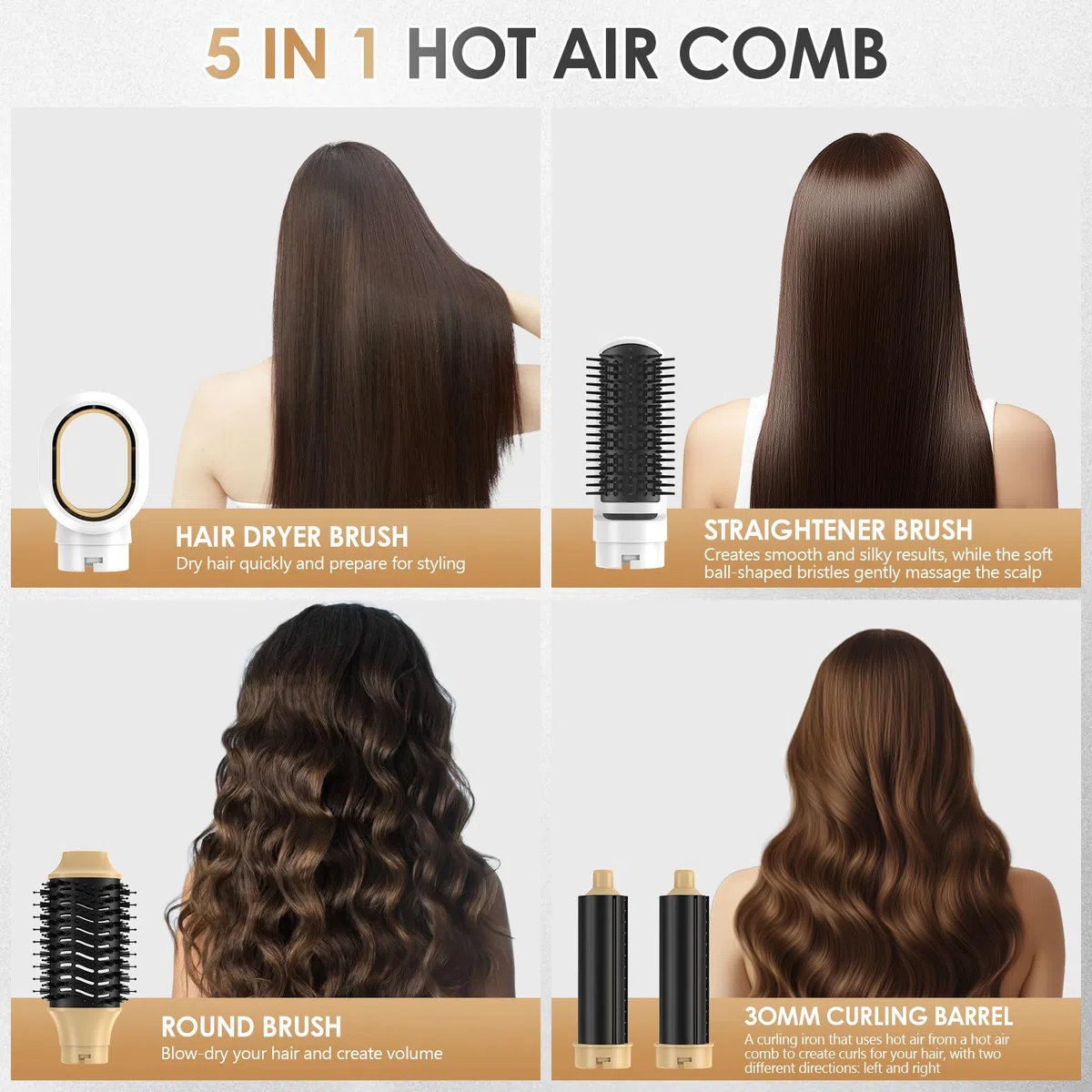 Warmluftbürste, Thermobürste, Blowout Boost Thermal Brush, Ionische Rundbürste, Lockenbürste, Airstyler, 2 Wärme, 5 Aufsätze zum Föhnen, Glätten, Volumen kreieren, 1200W