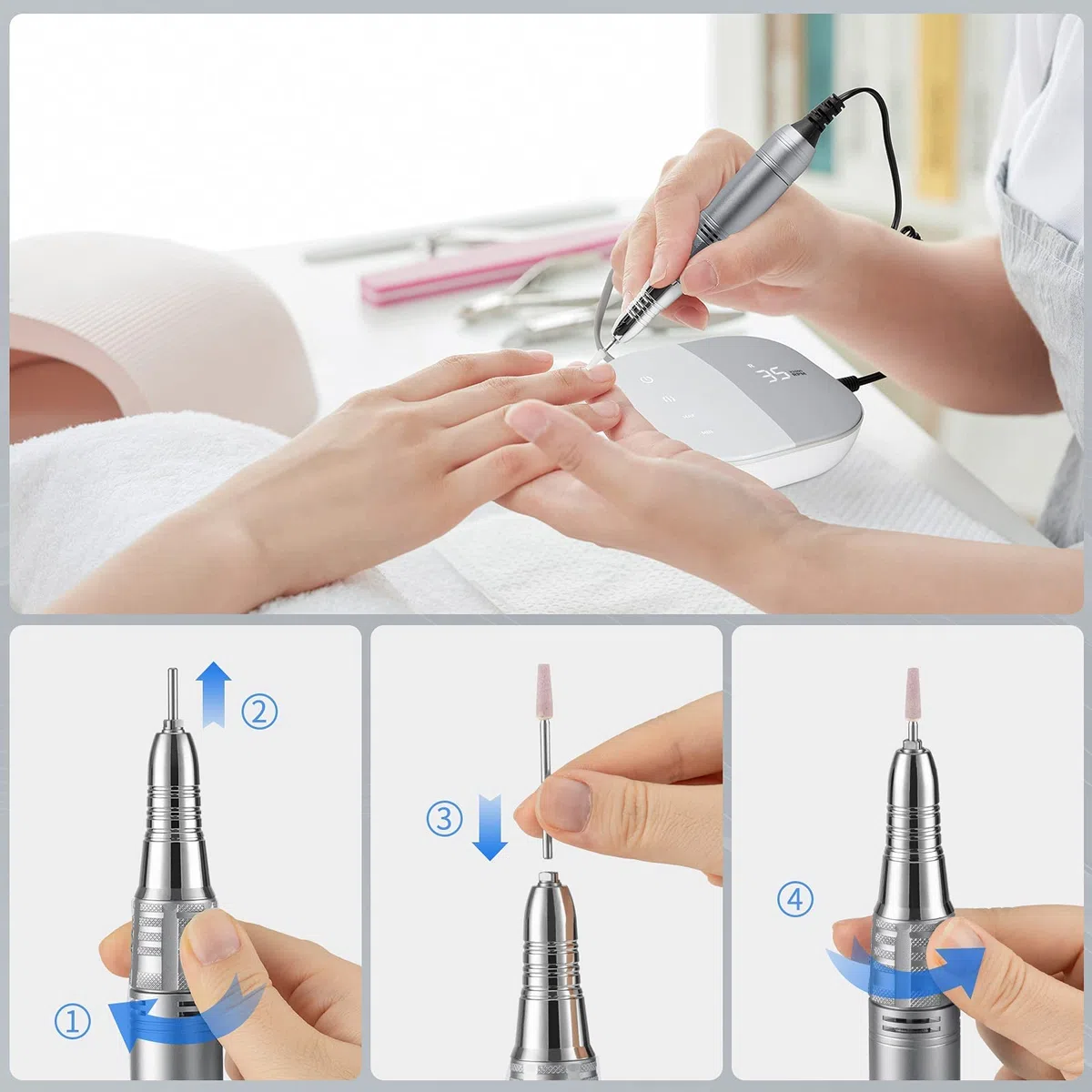 Madenia Elektrische Nagelfräser TouchPro Gelnägel 35000 U Min Profi Nagelfeile Elektrische Maniküre Pediküreset Kunstnägel, mit HD-Digitalanzeige, inkl 6x Bits, grau…
