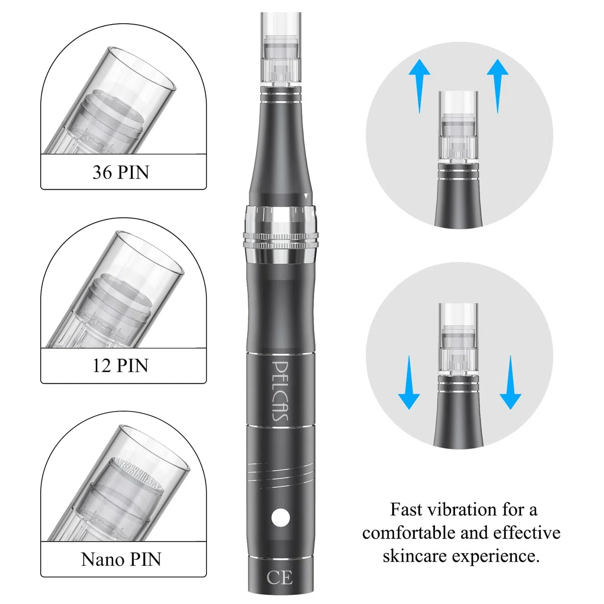 PELCAS Derma pen Elektrischer Mikroneedling Schönheit Pen Mikronadelstift Wiederaufladbar Verstellbar Länge mit 3 Geschwindigkeiten 12 Ersatzköpfe Tragbares Microneedling Gerät für Gesicht Haut Grau