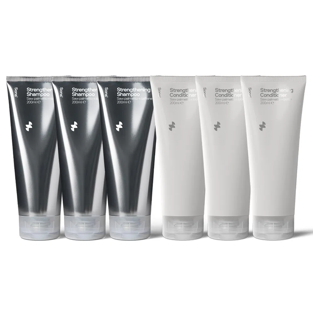 Sons Shampoo & Spülung für Männer (6x200ml). DHT blockierende Formel zur Förderung des Haarwachstums, Haarverdichtend & Anti-Schuppen mit Koffein & Sägepalme, bei Haarausfall & Ausdünnung, Zitrusduft