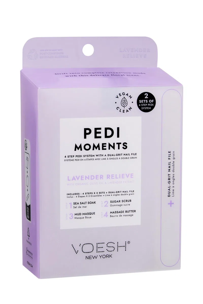 VOESH Pedi Moments Lavender Relieve – 4-Schritte Pediküre - Salzbad, Peeling, Schlammmaske, Massagebutter & Dual-grit Nagelfeile - Enthält 2 Sets