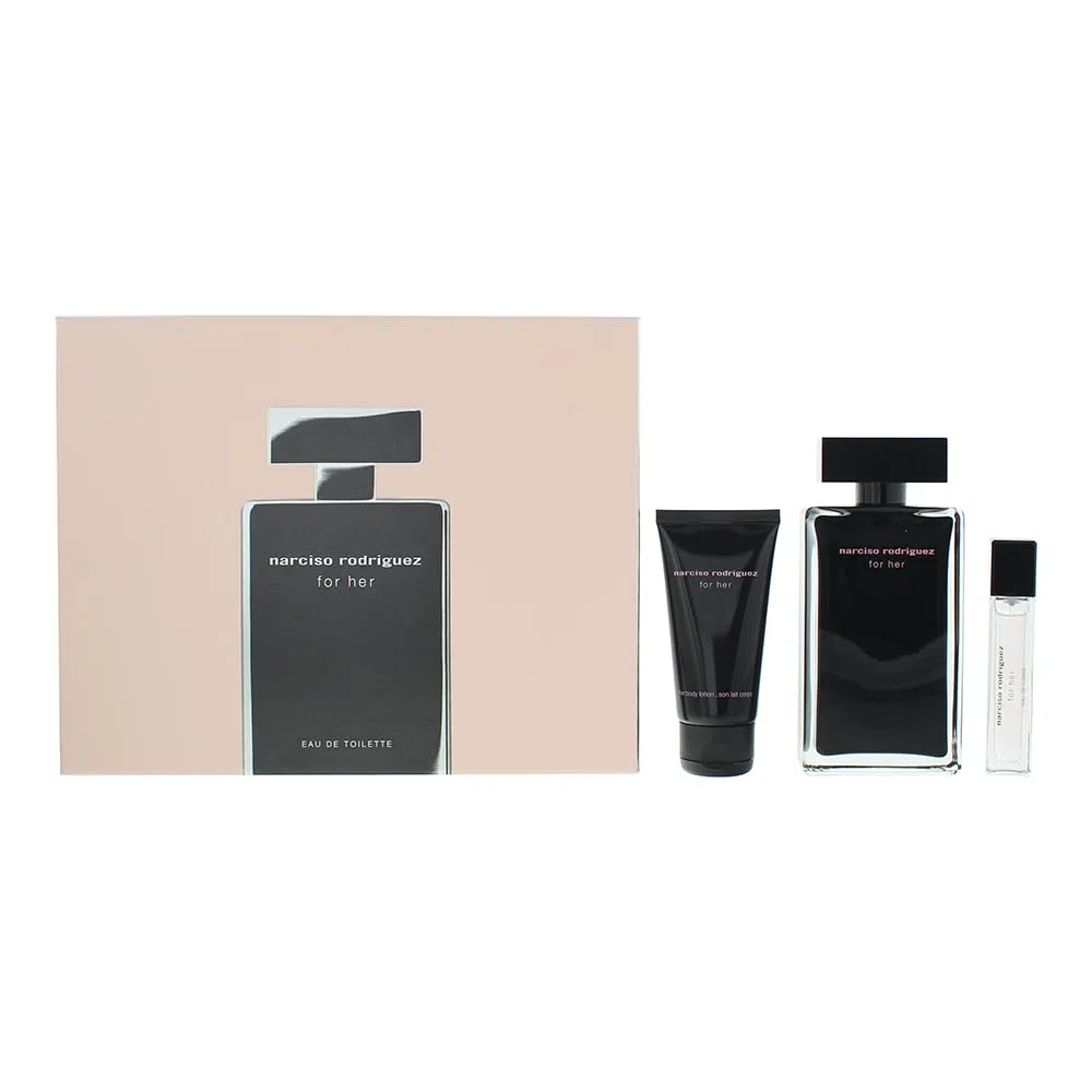 Narciso Rodriguez For Her Eau de Toilette, 100 ml, Geschenkset 2023 (enthält 100 ml EDT, 50 ml Body Lotion und 10 ml Travel Spray)