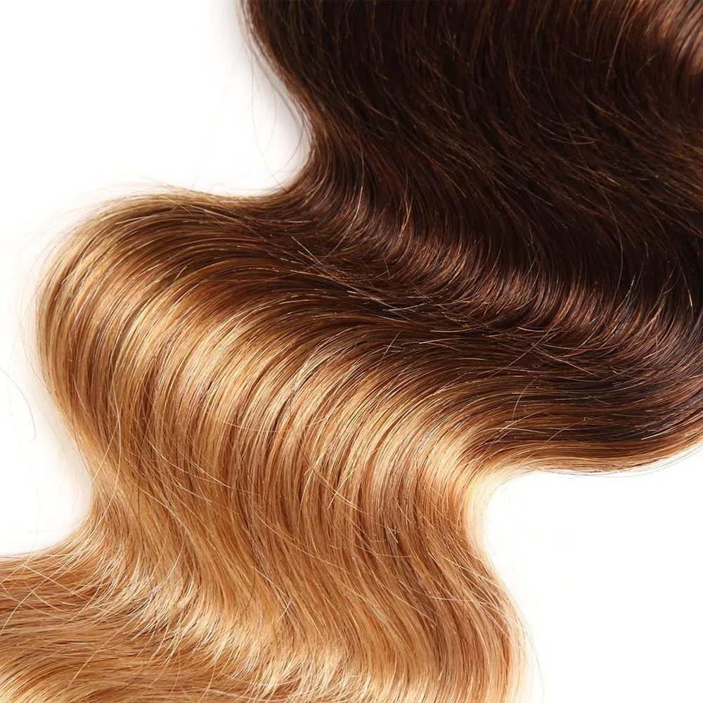 Ombre Echthaarbündel Brasilianisches Haar Körperwelle (T1B/4/27,22 24 26+20) - 3 Bündel Mit Verschluss, Jungfrau Remy Haarbündel 3 Ton Schwarz Bis Blond Echthaar Webart