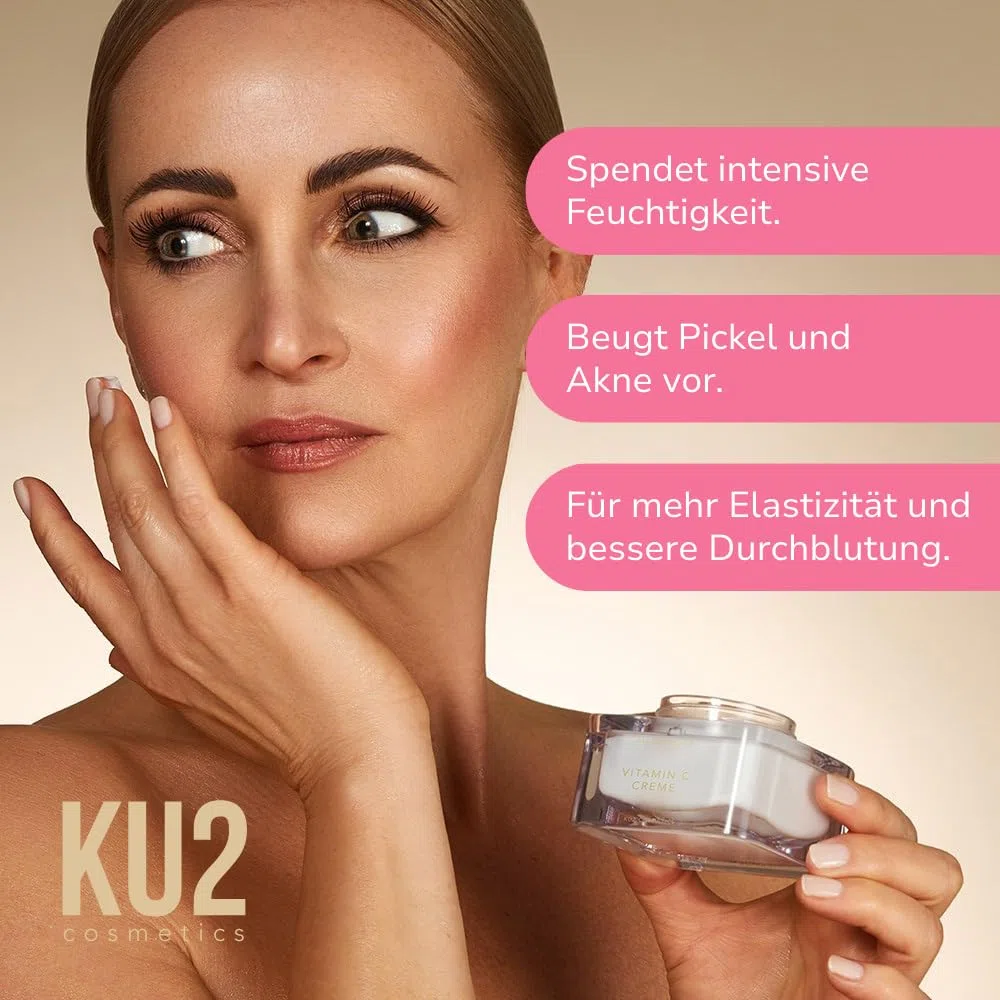 KU2 Cosmetics Vitamin C Serum + Gesichtscreme Set – Anti Aging Gesichtspflege für strahlenden Glow, gegen Pigmentflecken, Unreinheiten & trockene Haut, 60ml + 50ml