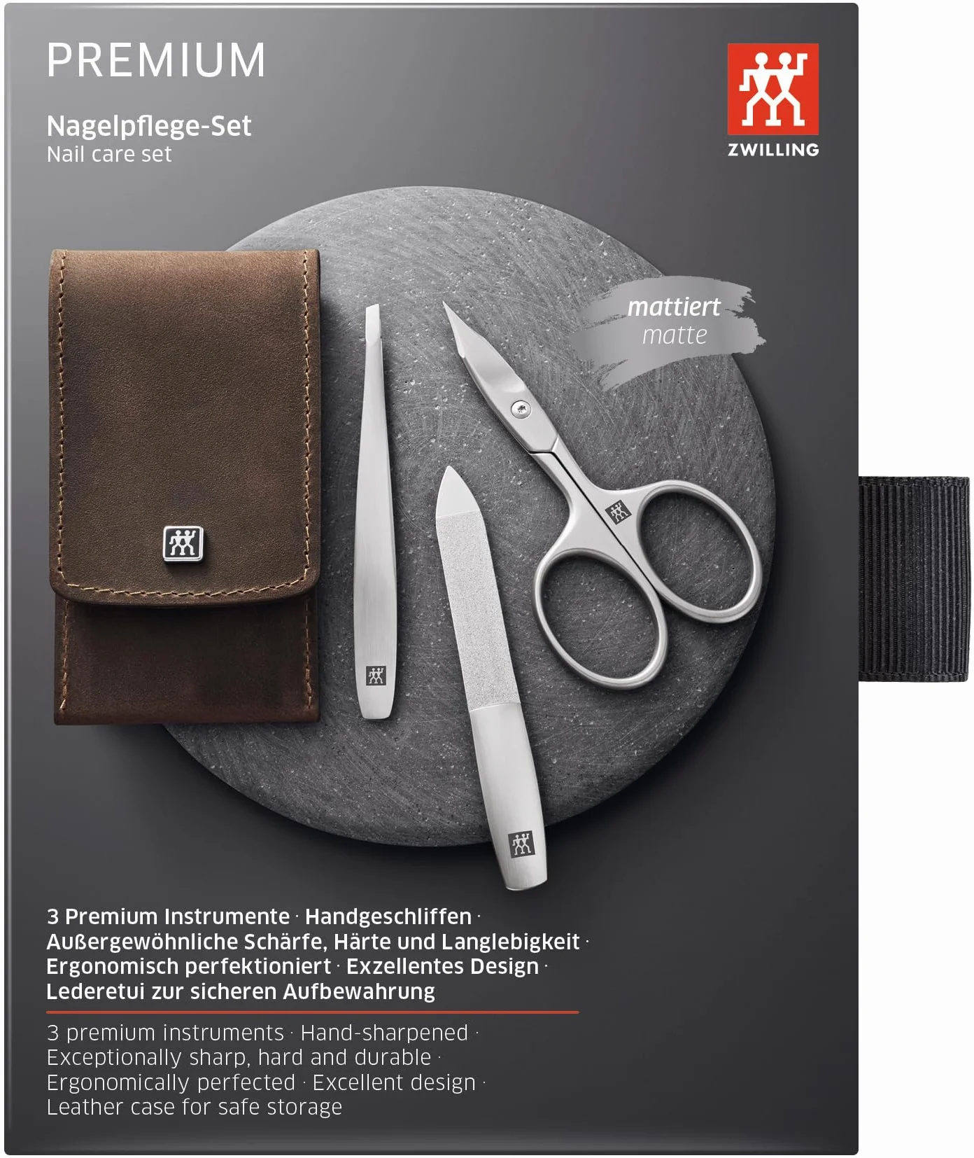 ZWILLING Maniküre-Set (3 teilig, Nagelpflege und Pediküre, Echtleder Etui, präzise, mit Kombi Nagelschere), Premium, Braun