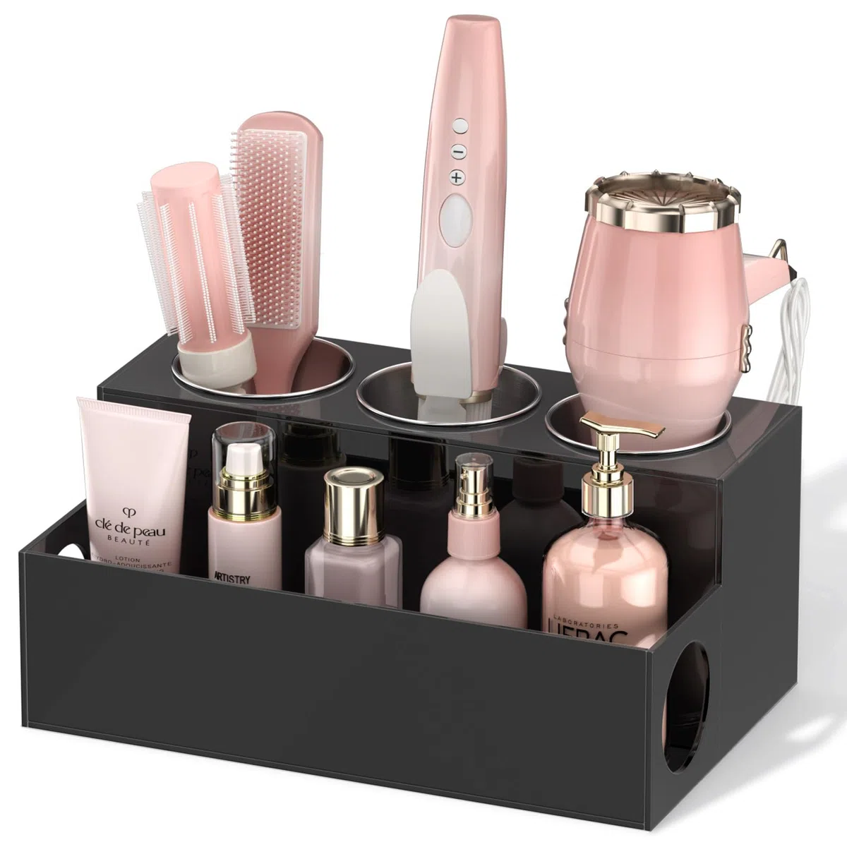 NIUBEE Haar-Werkzeug-Organizer, schwarzer Acryl-Haartrockner und Styling-Organizer, Badezimmer-Aufsatz-Föhn-Halter, Kosmetik-Caddy Aufbewahrungsständer für Zubehör, Make-up, Toilettenartikel