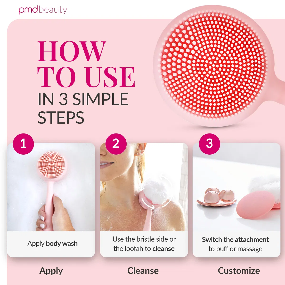 PMD Clean Body – Smart Body Reinigungsgerät mit Silikonbürste & drei austauschbaren Aufsätzen – Wasserdicht – SonicGlow Vibration – Reinigen, Peeling & Massage Körper – Rouge