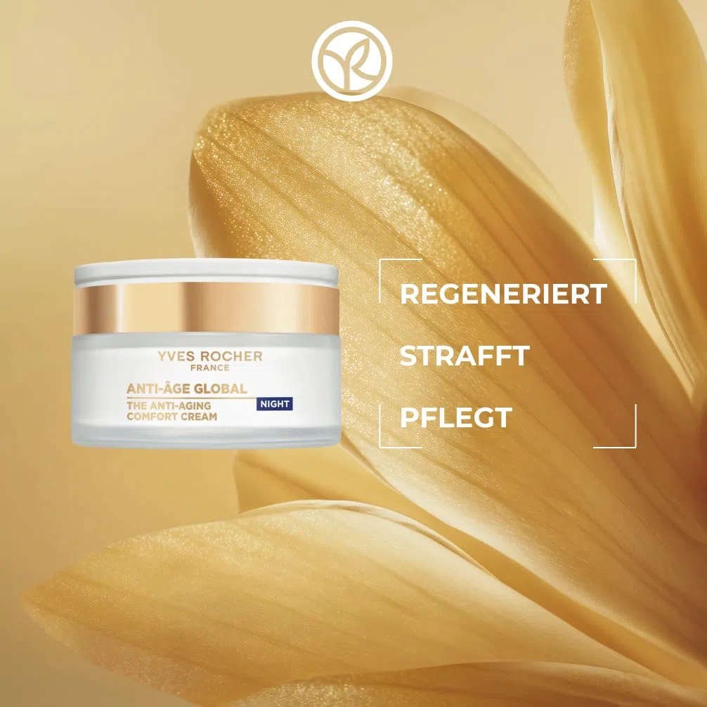 Yves Rocher ANTI-AGE GLOBAL Set für intensive Regeneration: Verschönernde Tagespflege (50 ml) & Komfort-Nachtpflege (50 ml) mit Gold-Achillea – Regeneriert, Strafft & Bekämpft Zeichen der Hautalterung