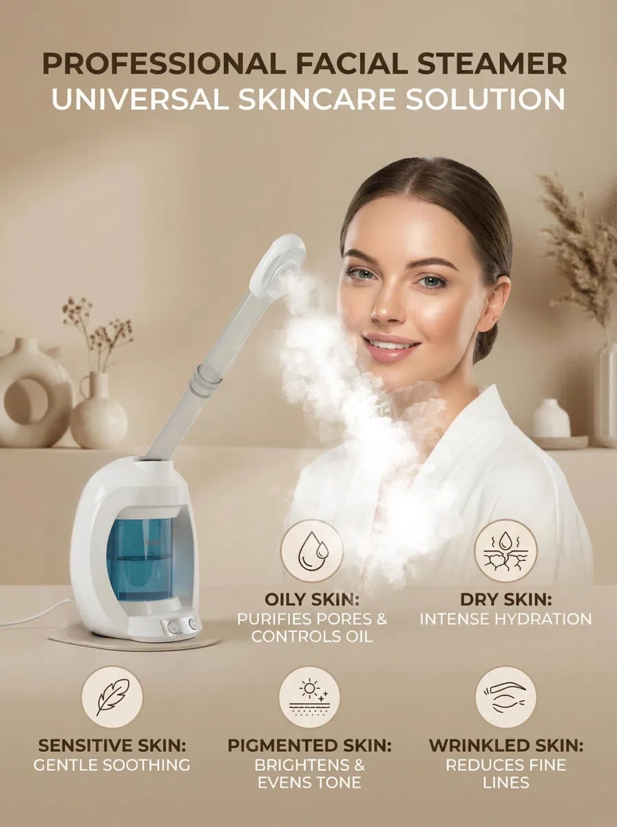 Gesichtsdampfgarer, Gesichtsdampfer für Kosmetiker und Nano-Ionen, tragbarer Ozon-Haar-Dampfgarer, professioneller Gesichtsdampfer für Zuhause, Gesichtsspa, Weiß