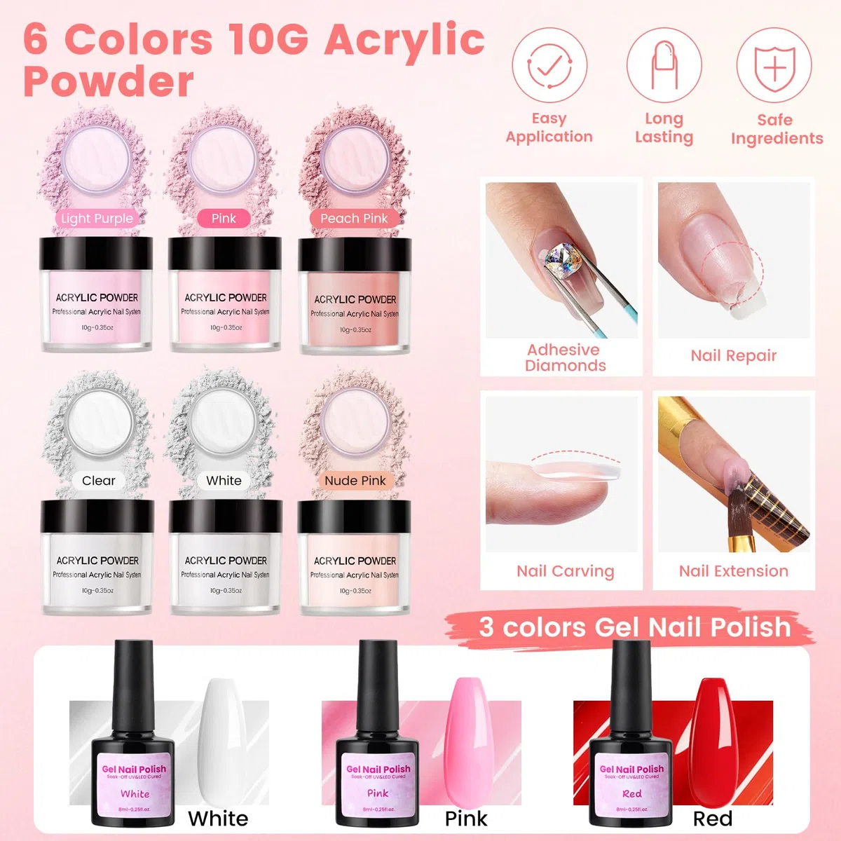 Deciniee Acryl Nagel Kit: Acryl Pulver Set mit UV-Lampe/Elektrischen Nagel Bohrer/False Tipps /6 Farben Pulver+Monomer Gel Nägel Set Nageldesign in Rosa Geschenktasche Frauen
