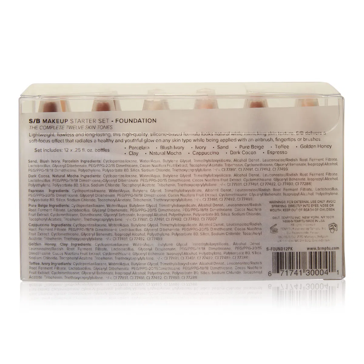 Temptu S/B Startet Set - 12 teilig; 12 x 7 ml Fläschchen mit allen Hauttönen der S/B-Serie (001 - 012); hochwertigste, basierende Formel derzeit auf dem Markt