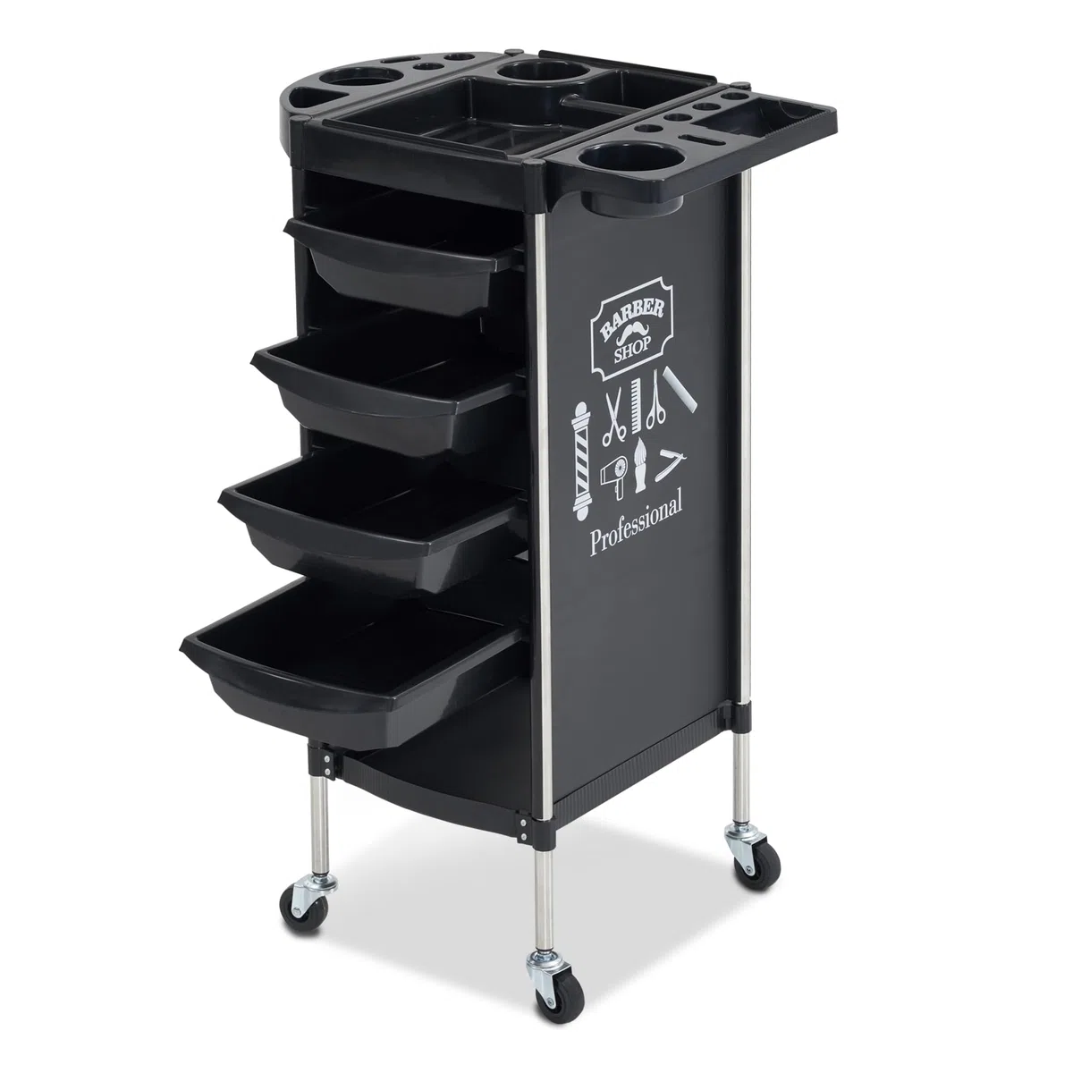 Barberpub Friseurwagen mit 4 Schubladen und Rollen, Drehbar, 36 x 52,5 x 84,5 cm, Schwarz